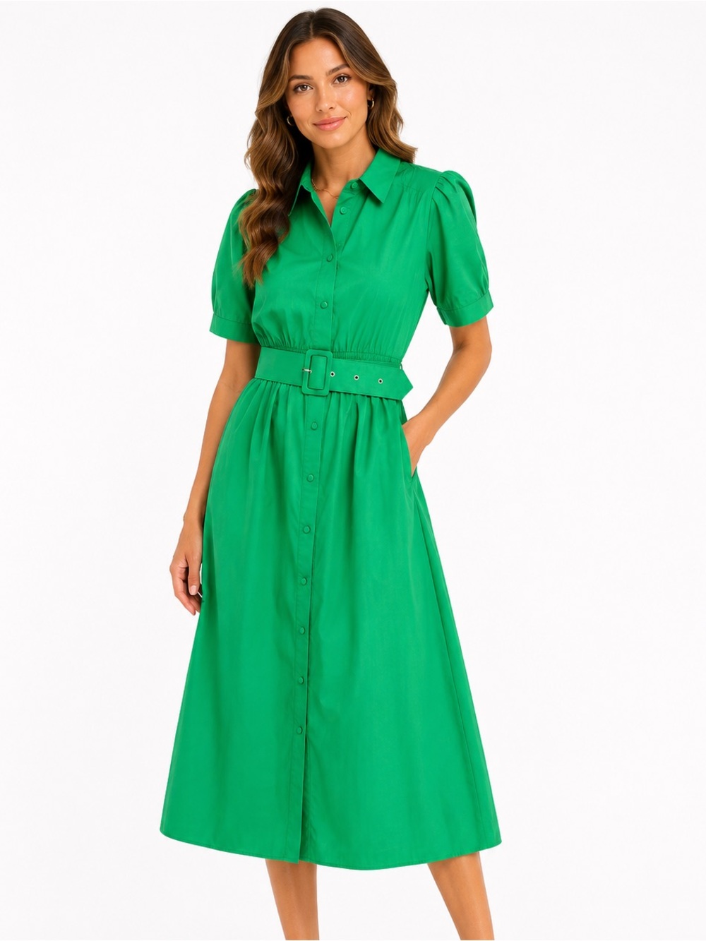 Tea & Cup Button-up Belted Midi Green Dress size small